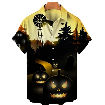 2022 Мужская рубашка Jack-o-lantern на Хэллоуин С Отворотом, Летняя Гавайская Рубашка, Мужская 3D Праздничная Вечеринка, Пляжный Топ с коротким рукавом, Мужская Одежда