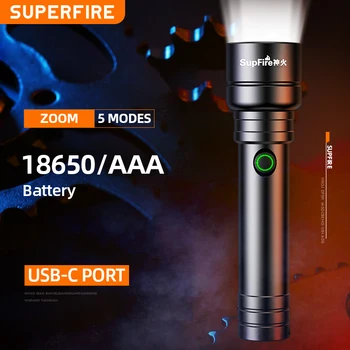 SUPERFIRE C20-G Zoom 7 Вт, мощный фонарик, 5 режимов работы от батареи 18650/AAA. Перезаряжаемый Тактический фонарик USB-C Для Кемпинга и Рыбалки
