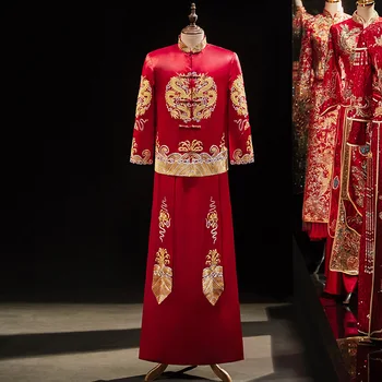 Винтажный Элегантный Восточный Красный Дракон, вышивка бисером, костюмы эпохи Тан, Платье жениха, костюмы для свадебных тостов в китайском стиле