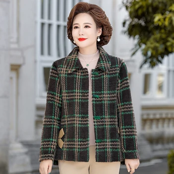 Высококачественные флисовые пальто для мам среднего возраста, клетчатые женские короткие куртки в весенне-осеннем стиле, Однобортные повседневные топы с лацканами