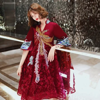 Размер XS-3XL Винтажный Улучшенный китайский стиль Бордовый с вышивкой Феникса, роскошные вечерние платья трапециевидной формы, одежда для тостов