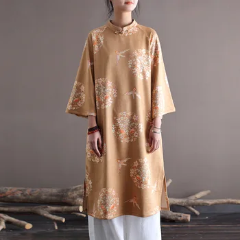 Традиционная китайская одежда для женщин со стоячим воротником и принтом, темпераментное платье средней длины